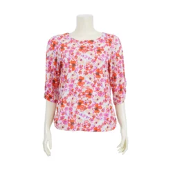ชมพู เสื้อเบลาส์คอปาด  แขน 3 ส่วน ลายดอกไม้ โอเปร่า ฟลอรอล