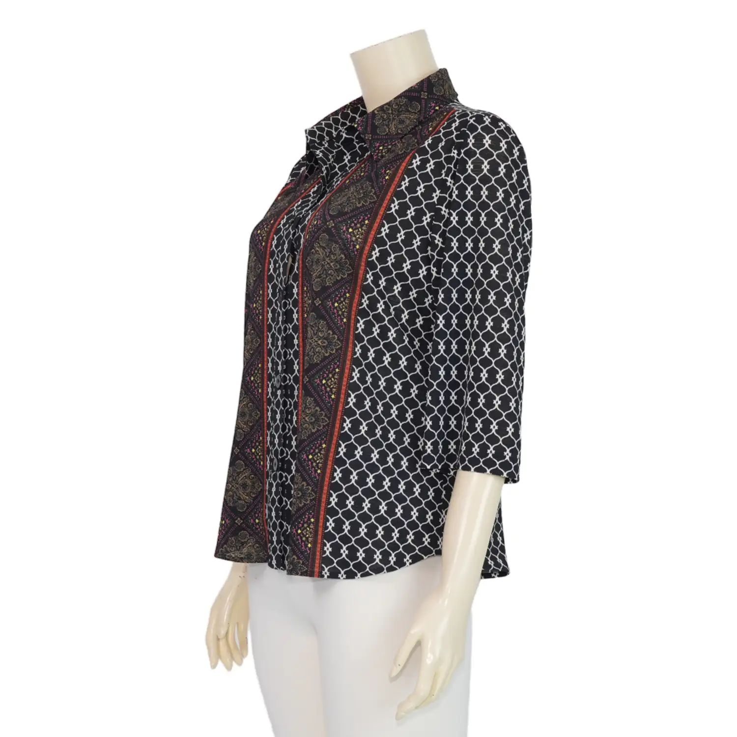 ชมพู เสื้อเชิ้ตแขน 3 ส่วน ผ้าไลคร่าบอร์ดเดอร์ ลายวินเทจ - Image 2