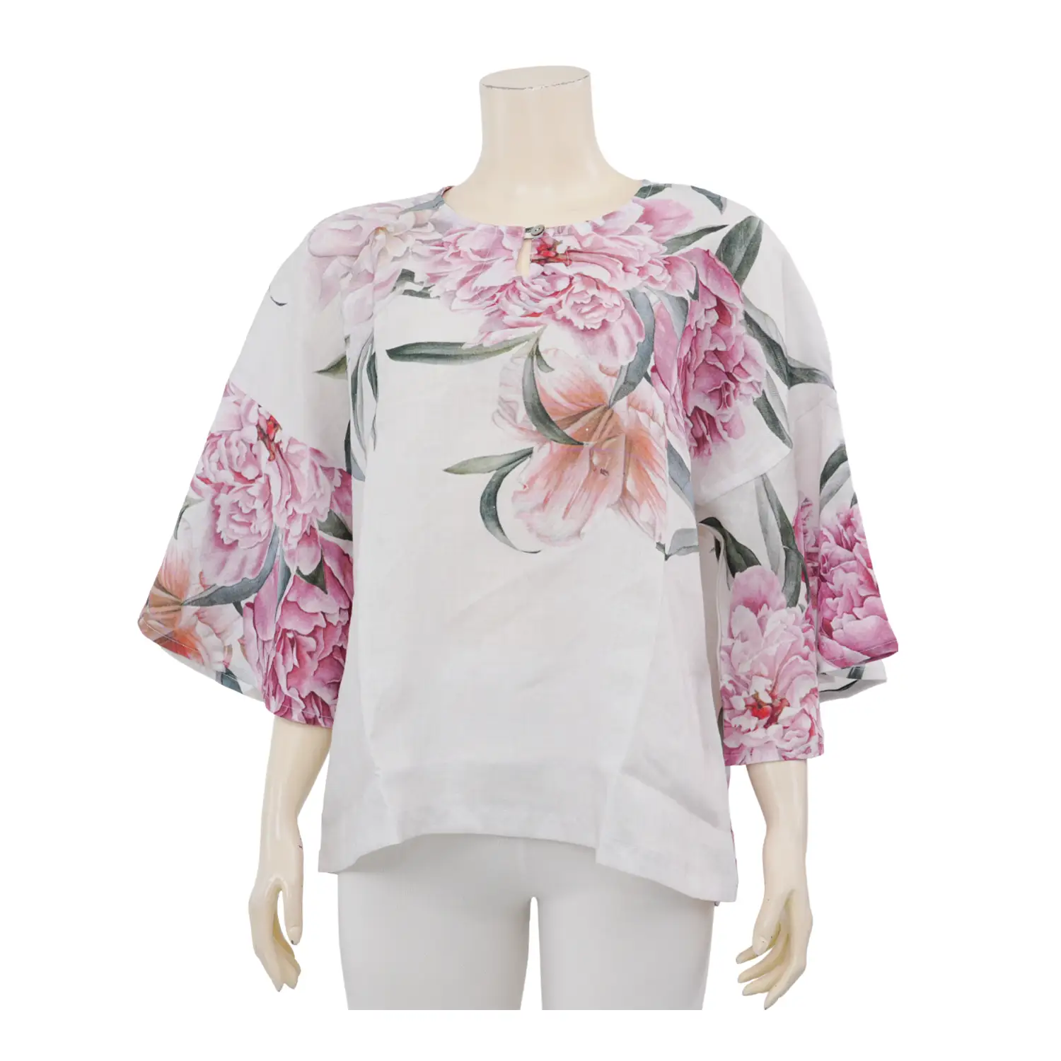 ลียา เซตเสื้อเบลาส์คอกลม แขนระบาย ยาว 4 ส่วน ผ้าลินิน พิมพ์ลายดอกไม้ และผ้าคลุมไหล่ ผ้าเรยอน - Image 2