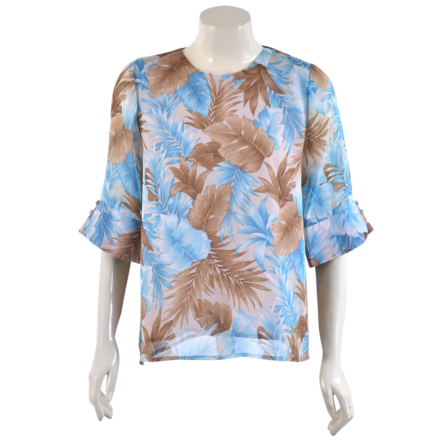 เสื้อสตรีคอกลม แขนกระบอก เข้าขอบแขน ผ้าชีฟอง พิมพ์ลายใบไม้