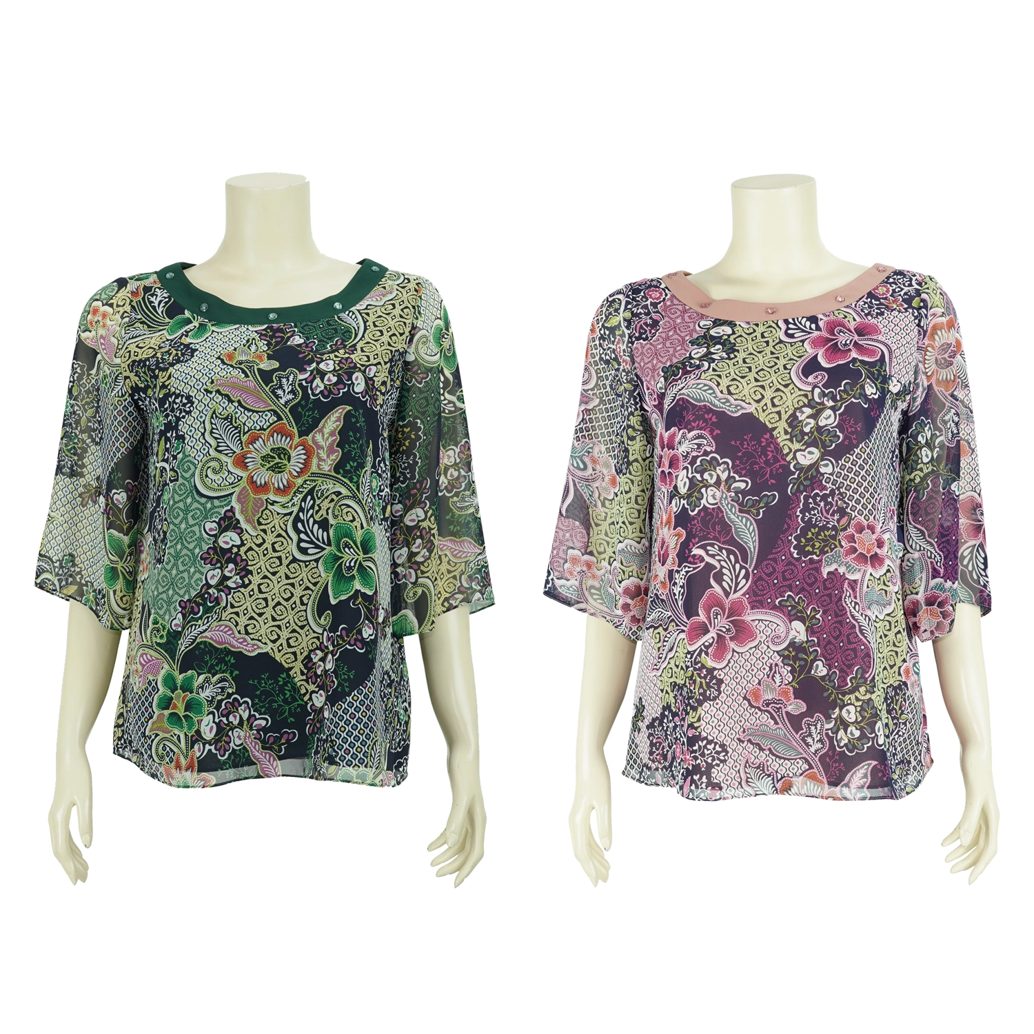 เสื้อสตรีคอกลม แต่งคริสตัล ช่วงขอบคอหน้า แขนบาน ยาว 4 ส่วน ผ้าพิมพ์ลาย
