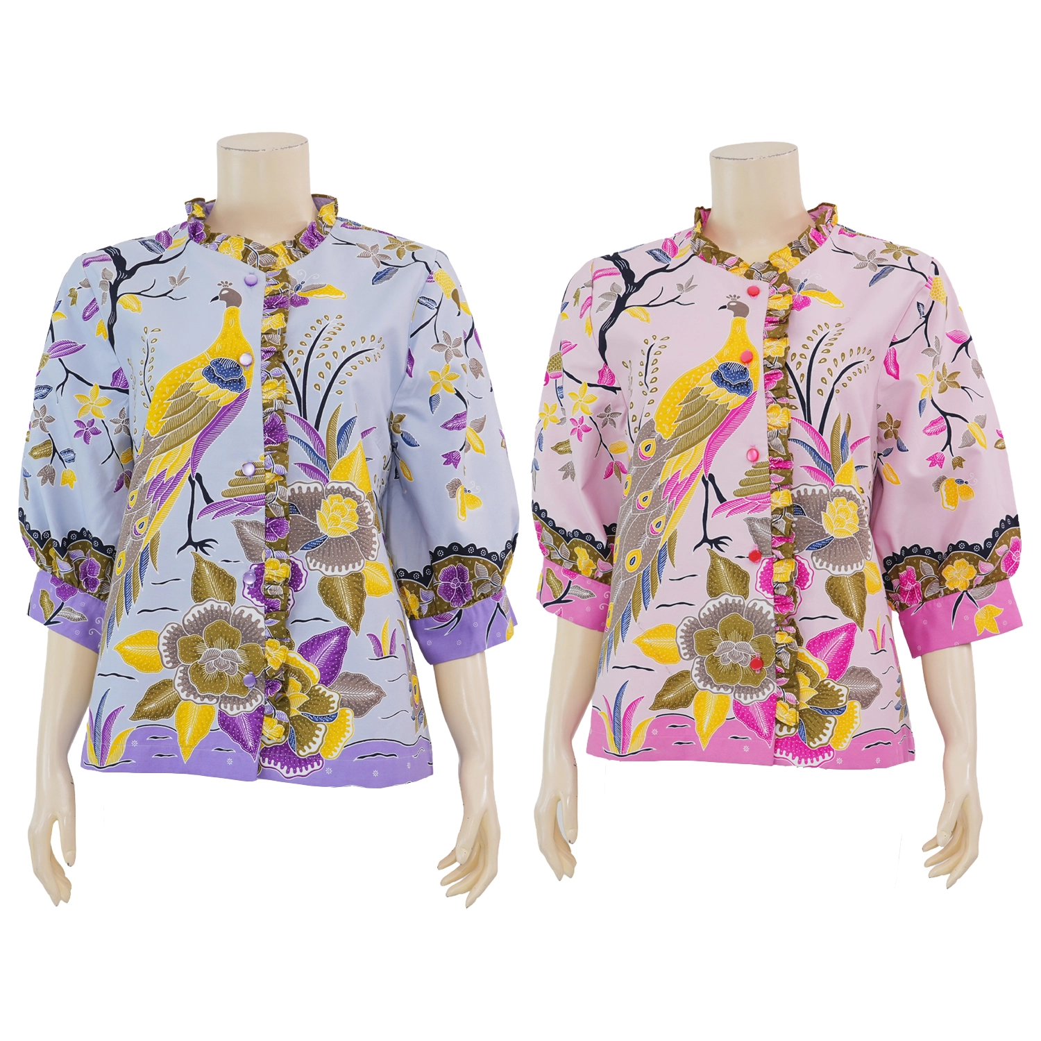 เซ้าท์ แฟบริค เสื้อผ้าปาเต๊ะลายนกยูง คอกลม แขน 3 ส่วน แต่งระบายรอบขอบคอ