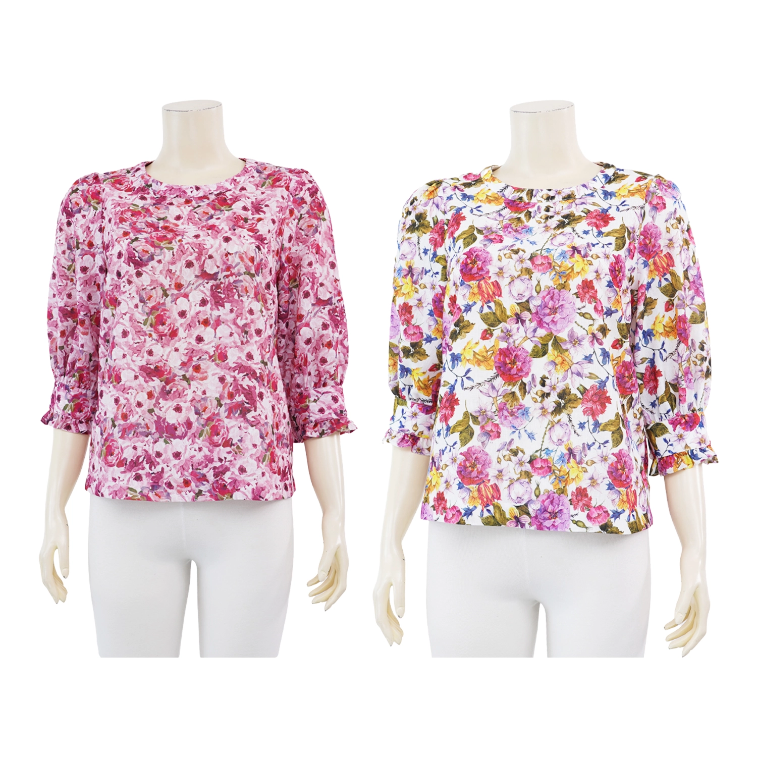 มินนะ เสื้อเบลาส์คอกลม แขนพองยาว 4 ส่วน ลายดอกไม้