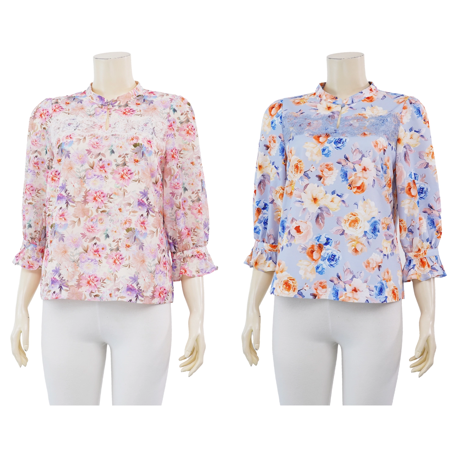 มินนะ เซตเสื้อเบลาส์คอตั้ง แขนพองยาว 5 ส่วน พิมพ์ลายดอกไม้ รวม 2 ตัว