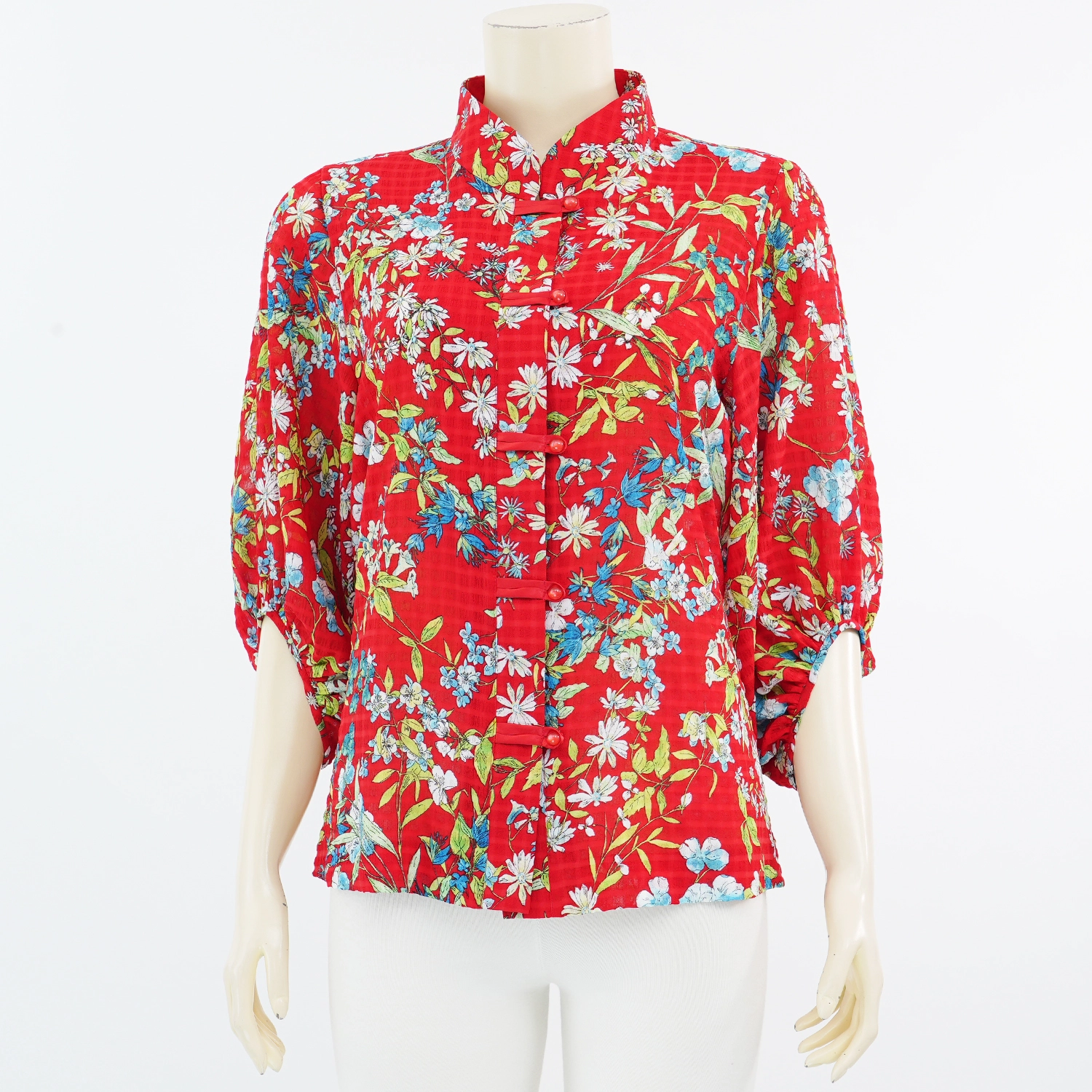 มิกิโกะ เสื้อเบลาส์คอจีน แขนทรงบอลลูน ยาว 3 ส่วน ลายดอกไม้
