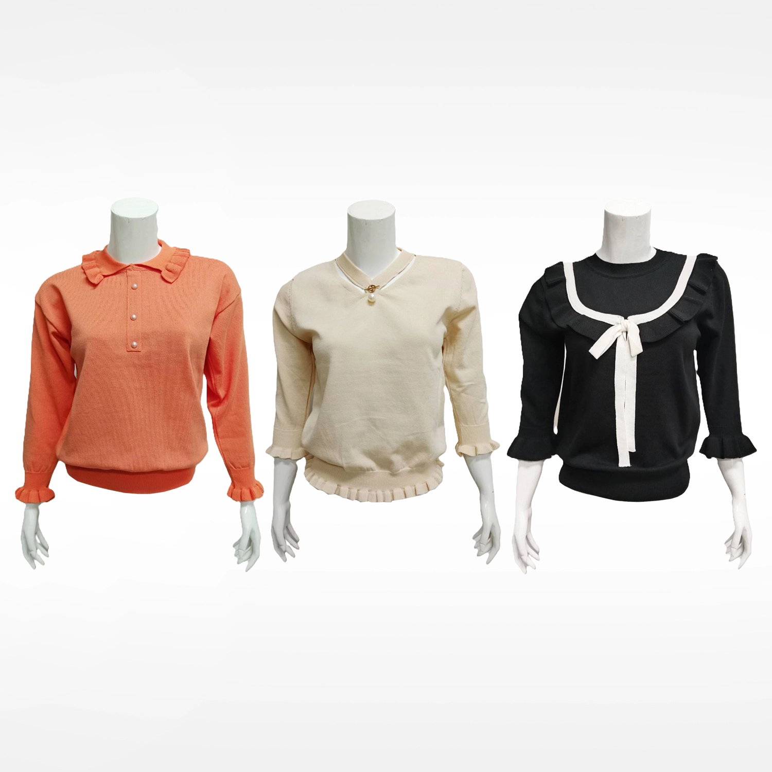 อะมิร่า เซตเสื้อเบลาส์ แขนกระบอก ผ้านิตติ้ง 3 ตัว 3 สี (ครีม/ดำ/ส้ม)