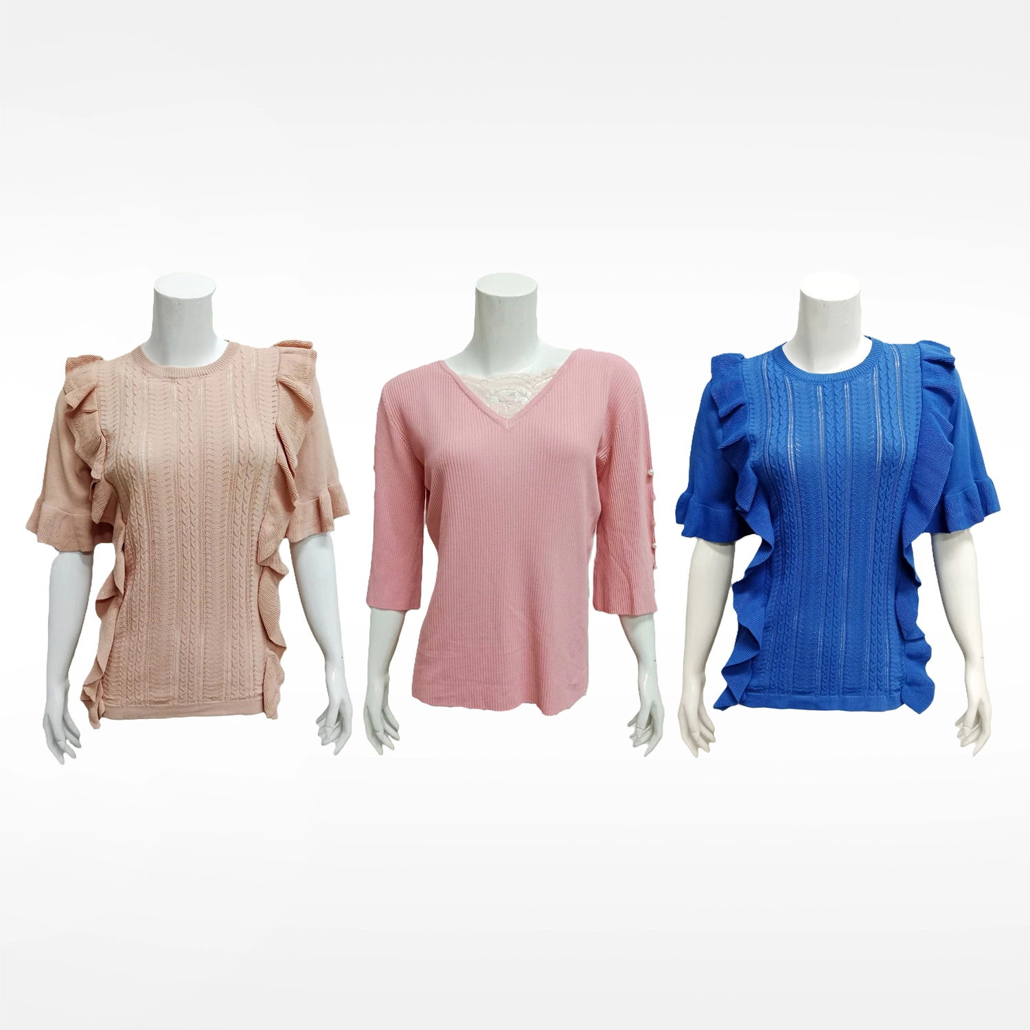 อะมิร่า เซตเสื้อเบลาส์ แขนกระบอก ผ้านิตติ้ง 3 ตัว 3 สี (ชมพู/กากี/น้ำเงิน)
