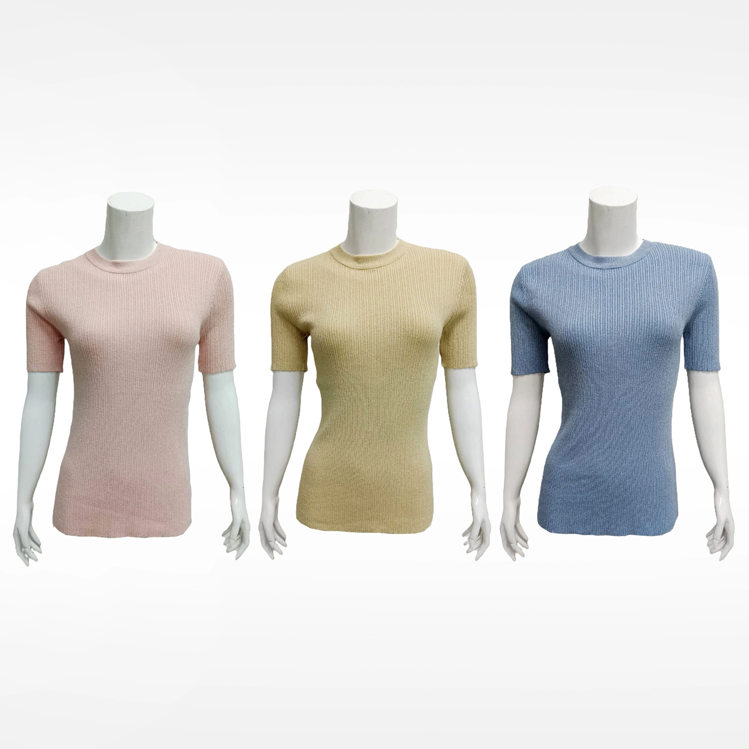 อะมิร่า เซตเสื้อเบลาส์คอกลม แขนสั้น ผ้านิตติ้ง 3 ตัว 3 สี (เหลือง/ฟ้า/ชมพู)