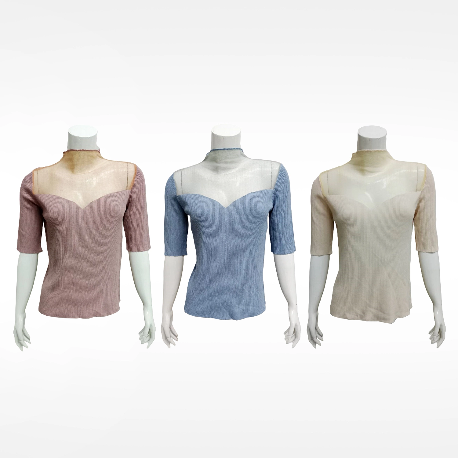 อะมิร่า เซตเสื้อเบลาส์คอปีน แขนสั้น ผ้านิตติ้ง 3 ตัว 3 สี (ครีม, ชมพู, ฟ้า)