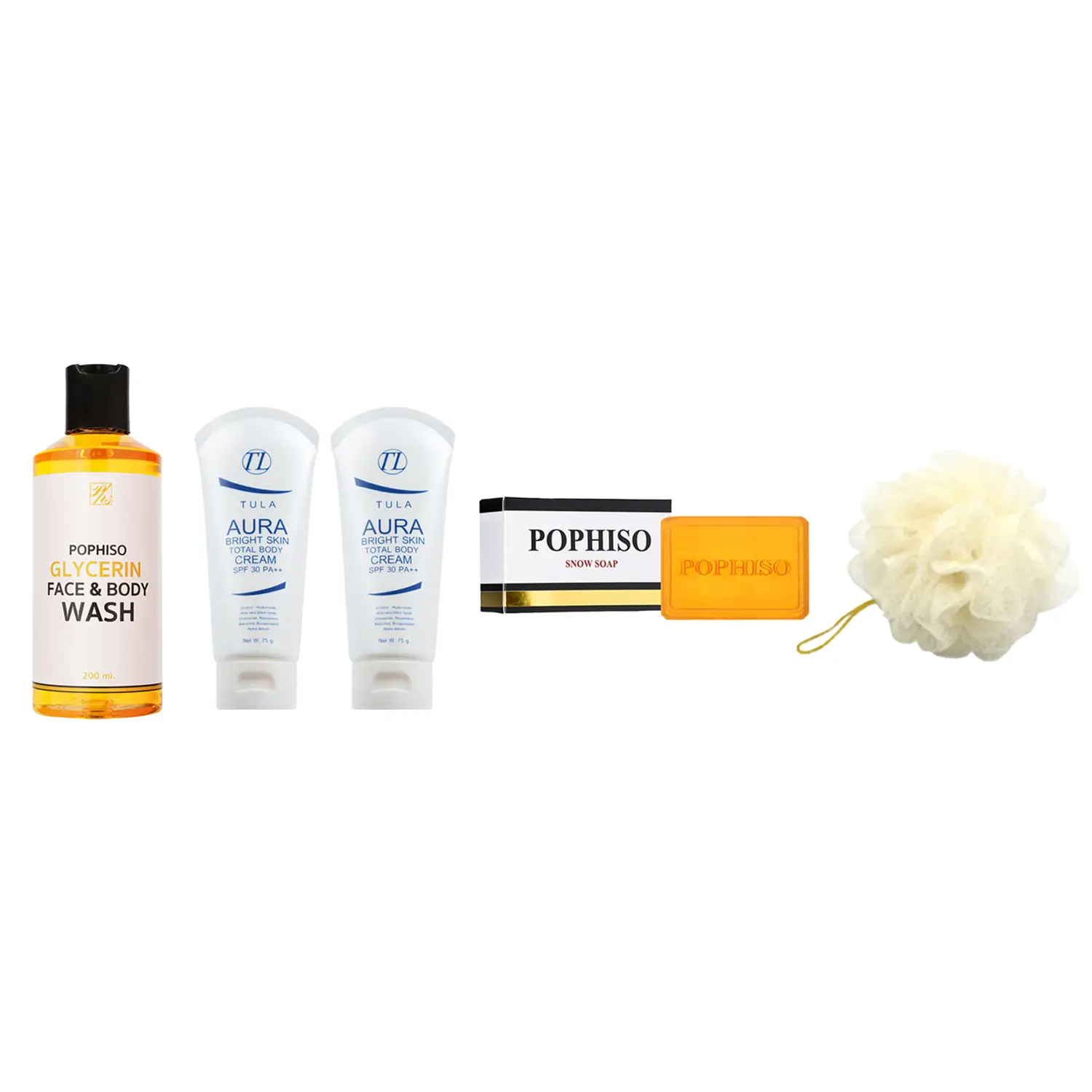 เซตตุลา ออร่า ไบรท์ สกิน โททัล บอดี้ ครีม SPF 30 PA++ 75 กรัม, ป๊อป ไฮโซ โซป 100 กรัม, กลีเซอรีน เฟส แอนด์ บอดี้ วอช 200 มล. และใยตีฟอง ป๊อป ไฮโซ ลักซ์ชูรี่ สพันจ์
