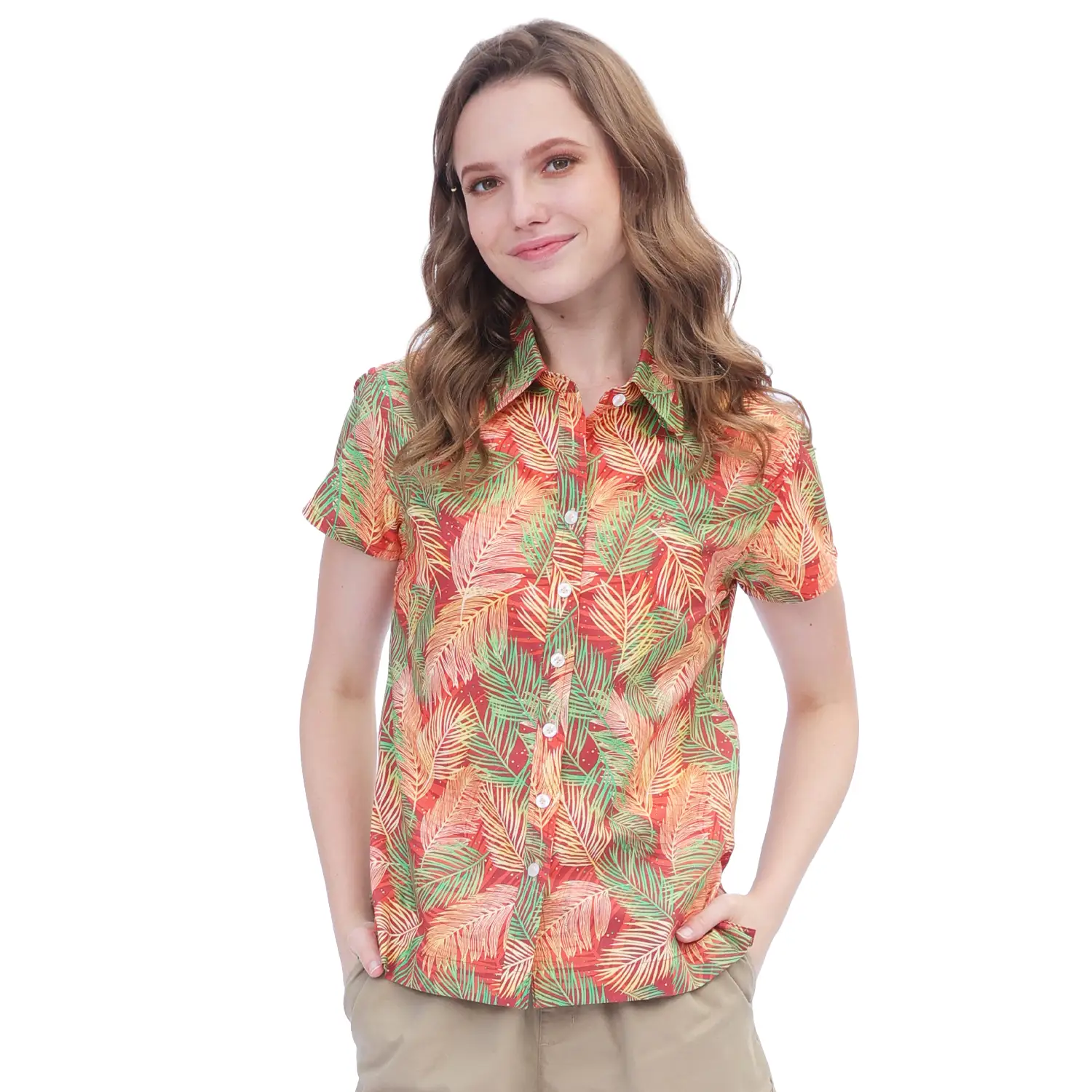แอร์โรว์ เสื้อเชิ้ต แขนสั้น ARROW Tropical Shirt พืมพ์ลายใบไม้ ดีไซน์สำหรับสุภาพสตรี