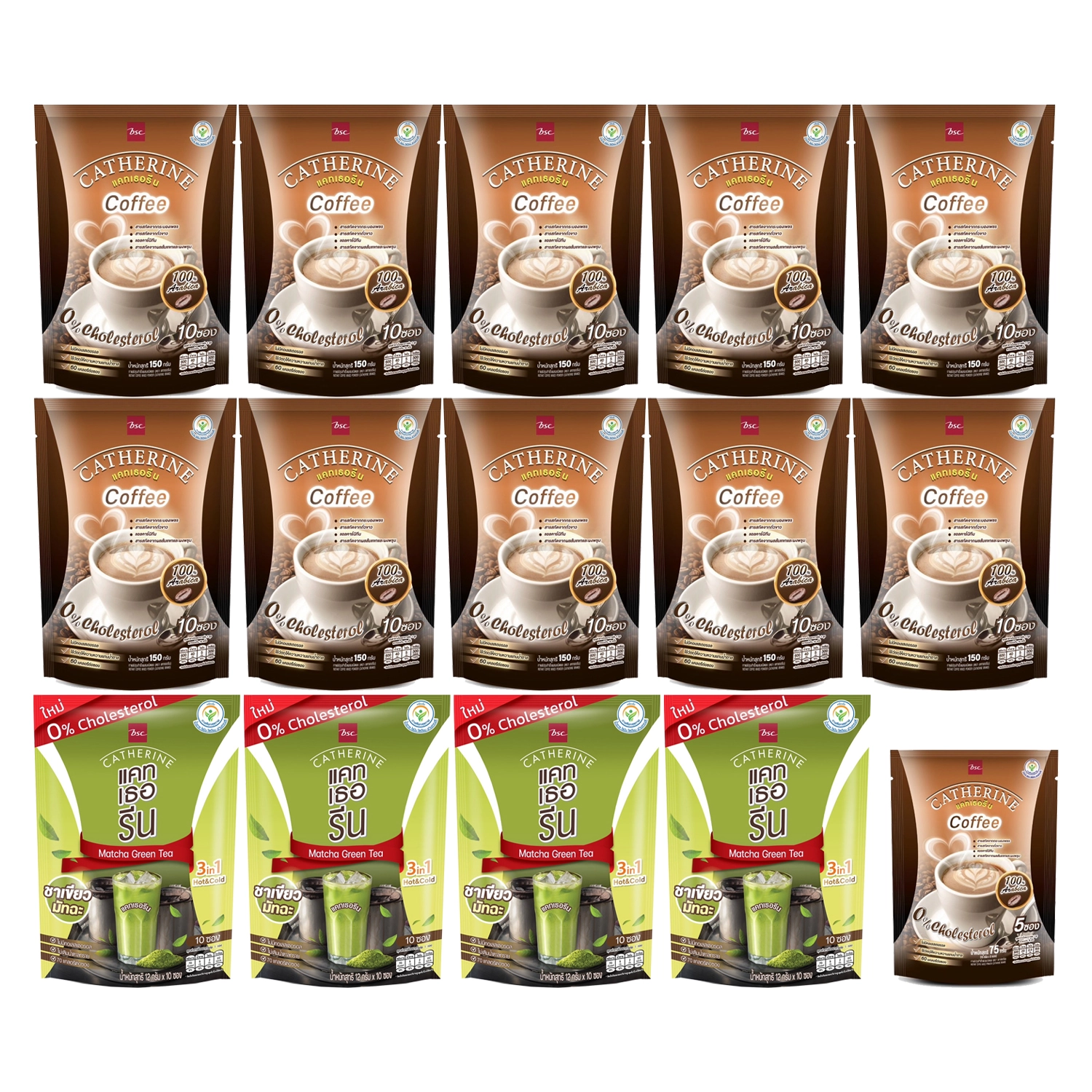 เซตแคทเธอรีน กาแฟปรุงสำเร็จผสมชนิดผง 10 ซอง 10 ห่อ และชาเขียว ปรุงสำเร็จ 10 ซอง 4 ห่อCATHERINE