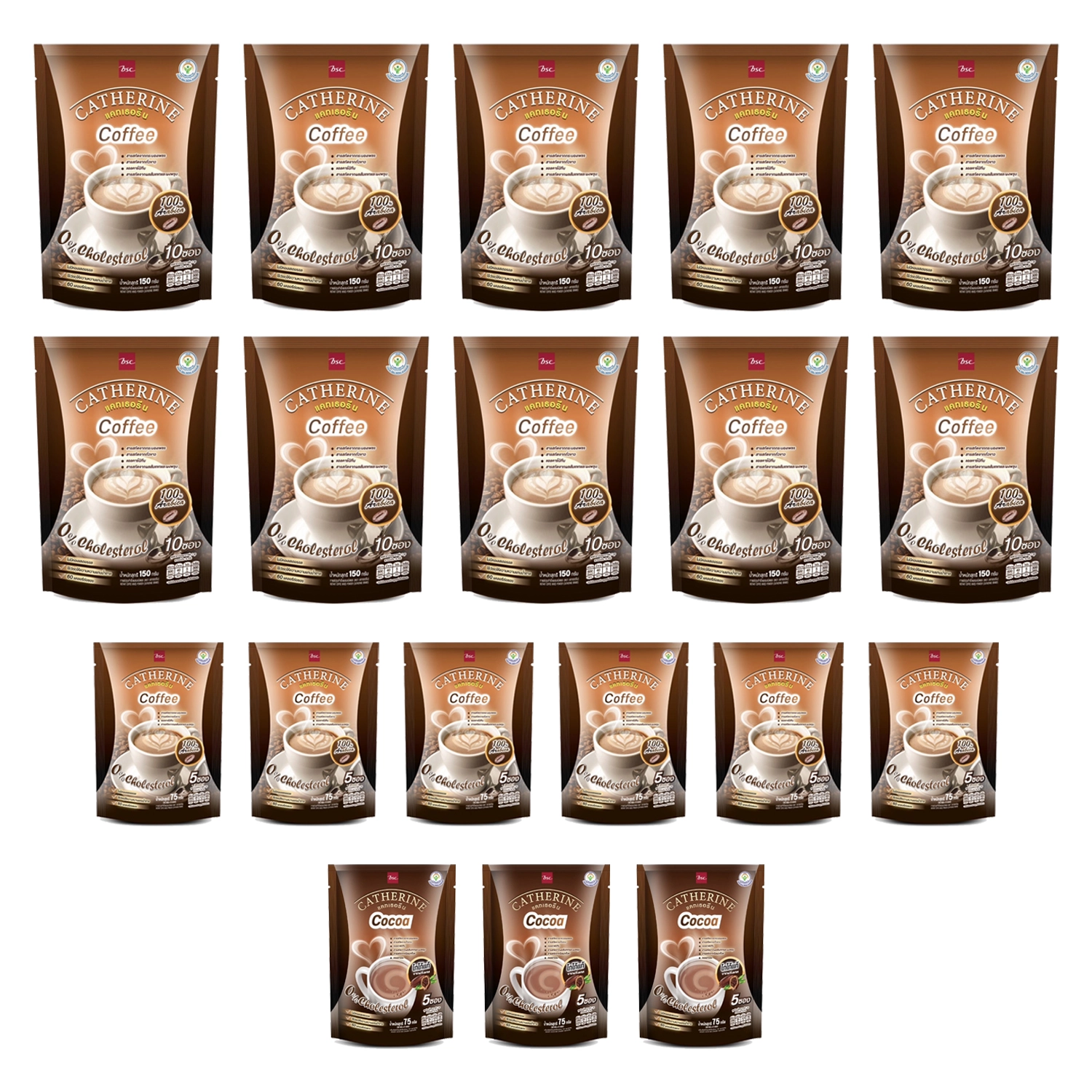 เซตแคทเธอรีน กาแฟปรุงสำเร็จผสมชนิดผง 10 ซอง 10 ห่อ, กาแฟปรุงสำเร็จผสมชนิดผง 5 ซอง 6 ห่อ และโกโก้ปรุงสำเร็จชนิดผง 5 ซอง 3 ห่อ