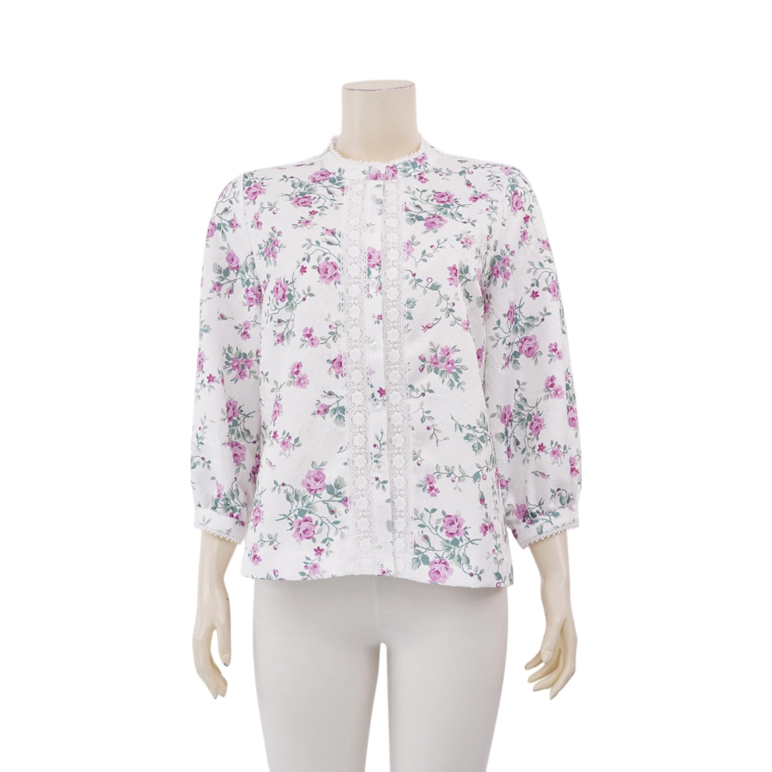 มินนะ เสื้อเบลาส์คอตั้ง แขนพองยาว 5 ส่วน ลายดอกไม้ผ้าฉลุลาย