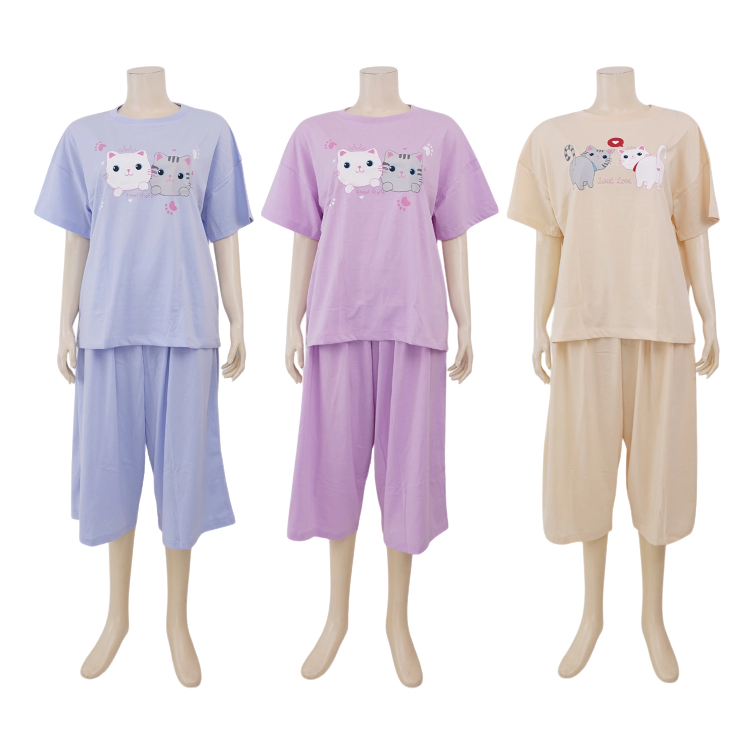 กุลสตรี ชุดนอนเสื้อคอกลม แขนสั้น และกางเกงขา 3 ส่วน ผ้า TC พิมพ์ลาย