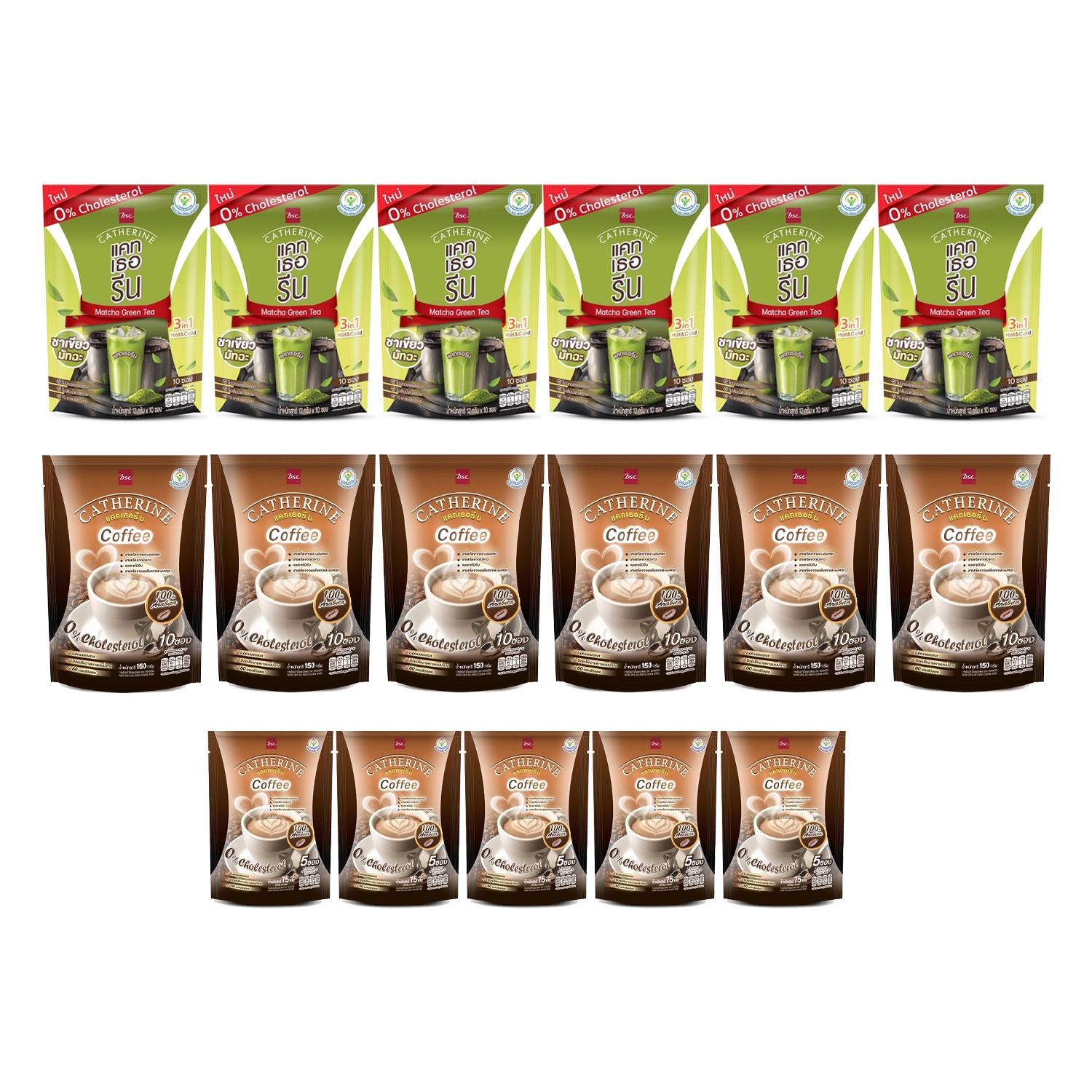 เซตแคทเธอรีน กาแฟปรุงสำเร็จผสมชนิดผง 10 ซอง 6 ห่อ และชาเขียว ปรุงสำเร็จ 10 ซอง 6 ห่อ