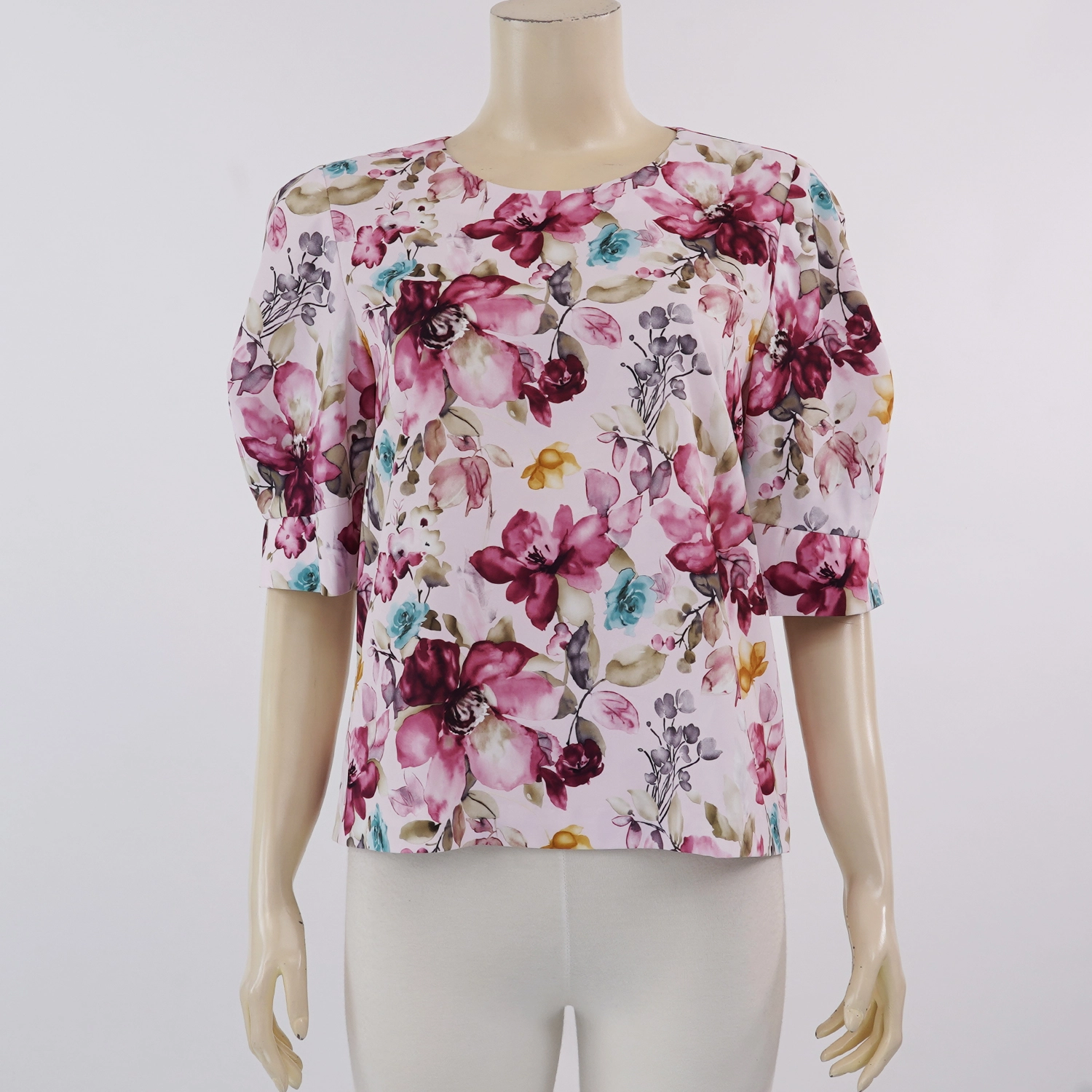 มิกิโกะ เสื้อเบลาส์คอปาด แขนยาว 3 ส่วน ผ้าโคโม่ปริ้นท์