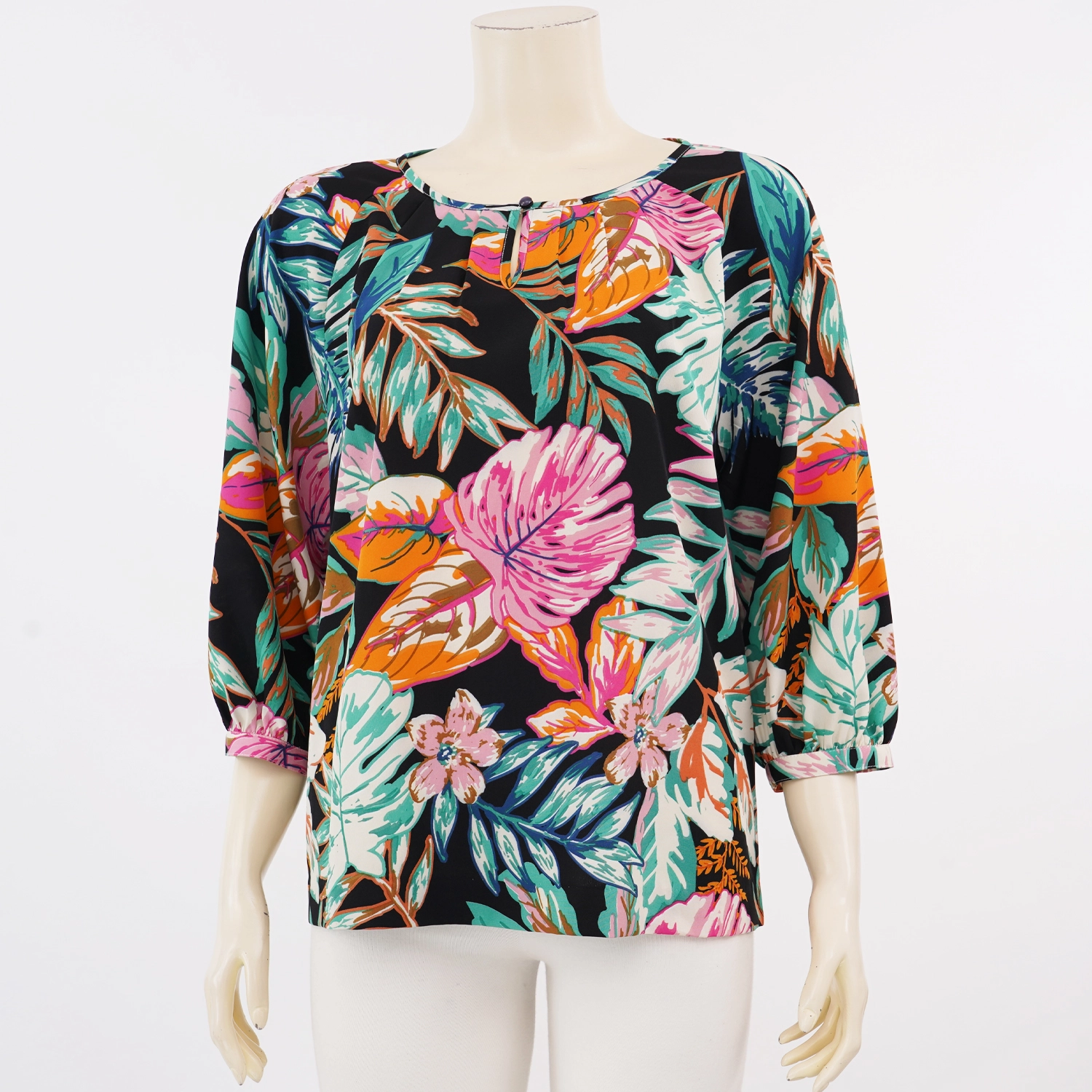 เบคกี้ รัสเซล เสื้อเบลาส์คอกลม แขนยาวทรงแขนพอง ผ้าซาติน พิมพ์ลายTROPICAL