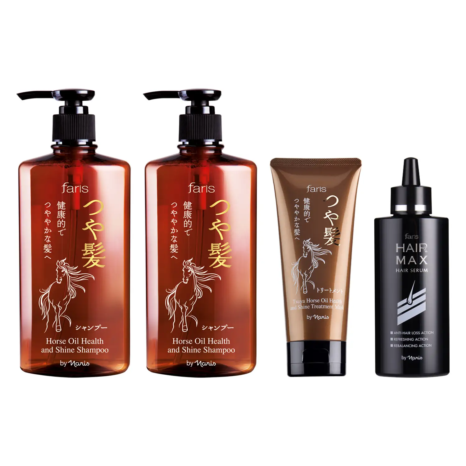 เซตฟาริส บาย นาริส ซึยะ ฮอร์ส ออยล์ เฮลท์ แอนด์ ไชน์ แชมพู 270 มล., ทรีทเม้นต์ มาส์ค 100 กรัม และ แฮร์ แม็กซ์ แฮร์ ซีรั่ม 100 มล.