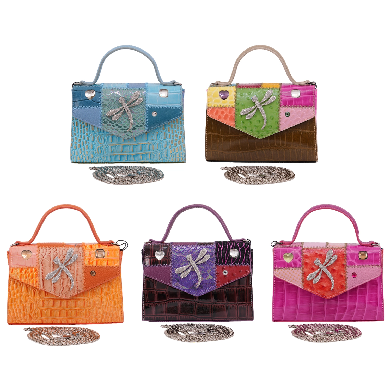 ไมเคิล แอนเจโล กระเป๋าถือหนังวัวแท้ ดีไซน์ PATCHWORK ตกแต่งแมลงปอและคริสตัล