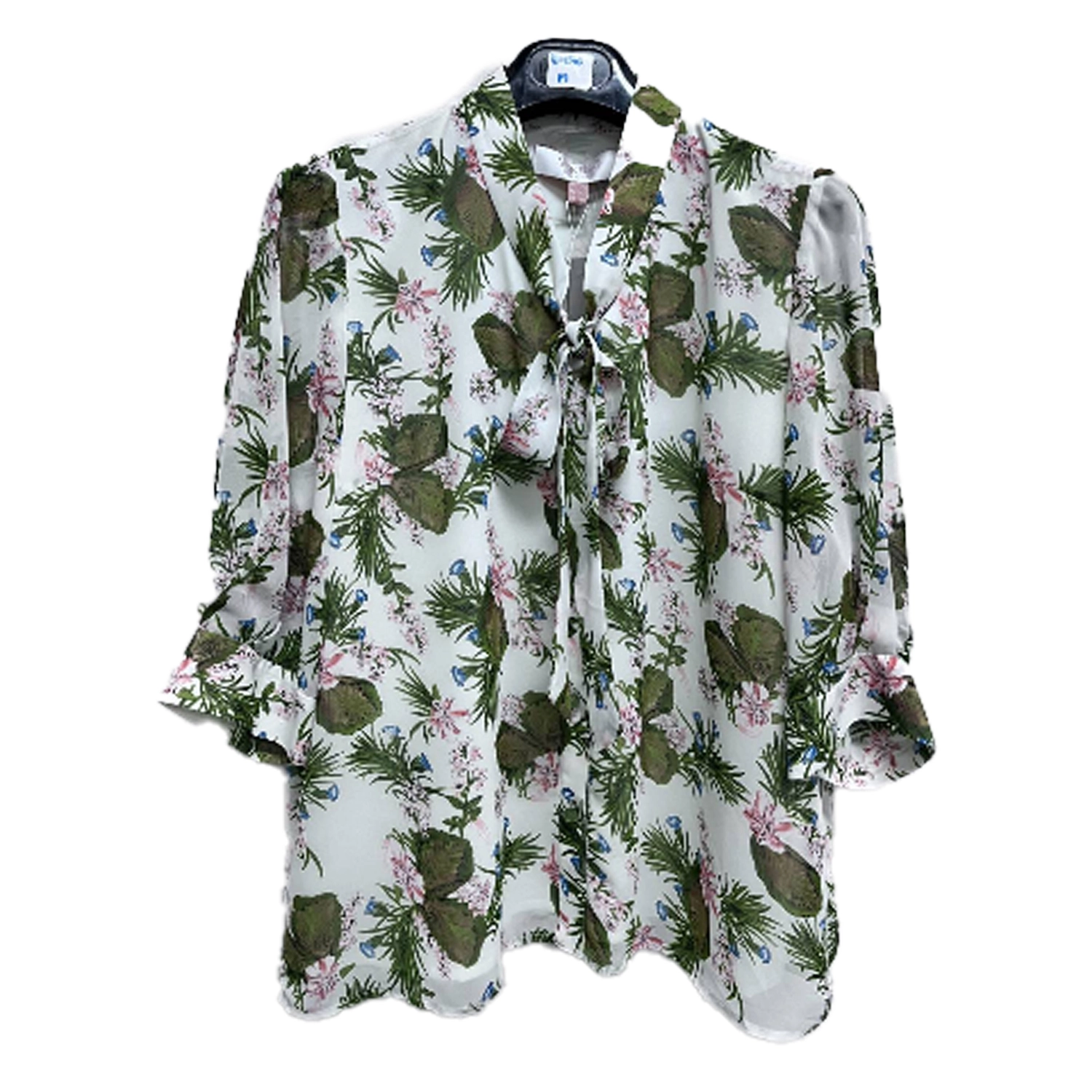 มิกิโกะ เสื้อคอกลม แต่งโบ แขน 3 ส่วน ผ้าชีฟองลวดลายใบไม้