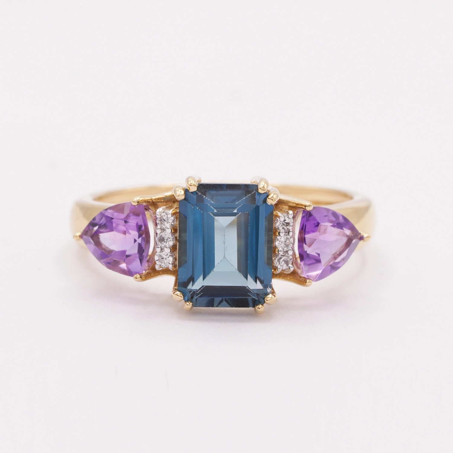 กลิทซ์ จิวเวล แหวนเงิน925 ชุบทอง18K แบบThree Stones Ring ประดับลอนดอน บลู โทแพซ, แอเมทิสต์และเซอร์คอนสีขาว