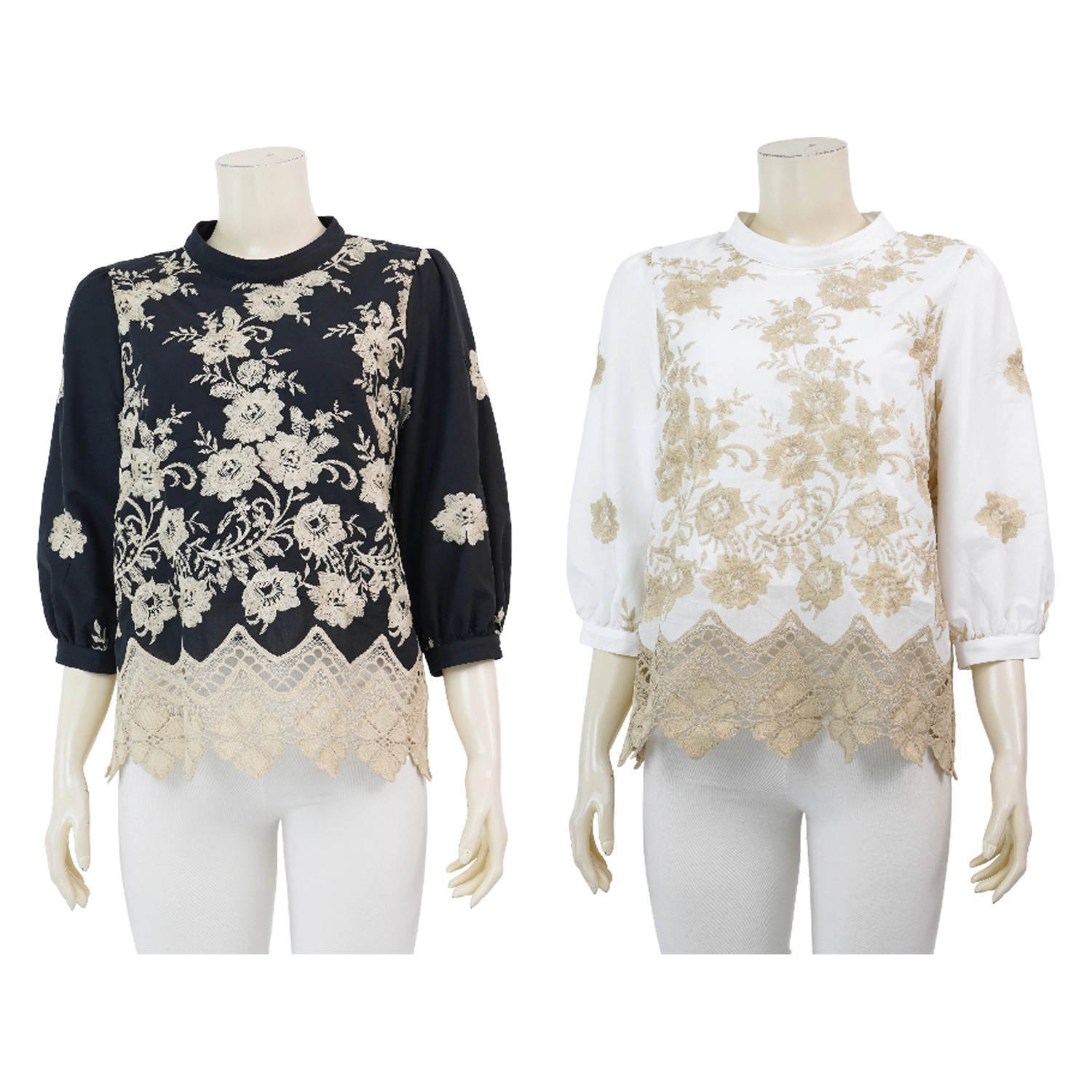 มินนะ เสื้อเบลาส์คอตั้ง แขนพองยาว 4 ส่วน ปักลายดอกไม้