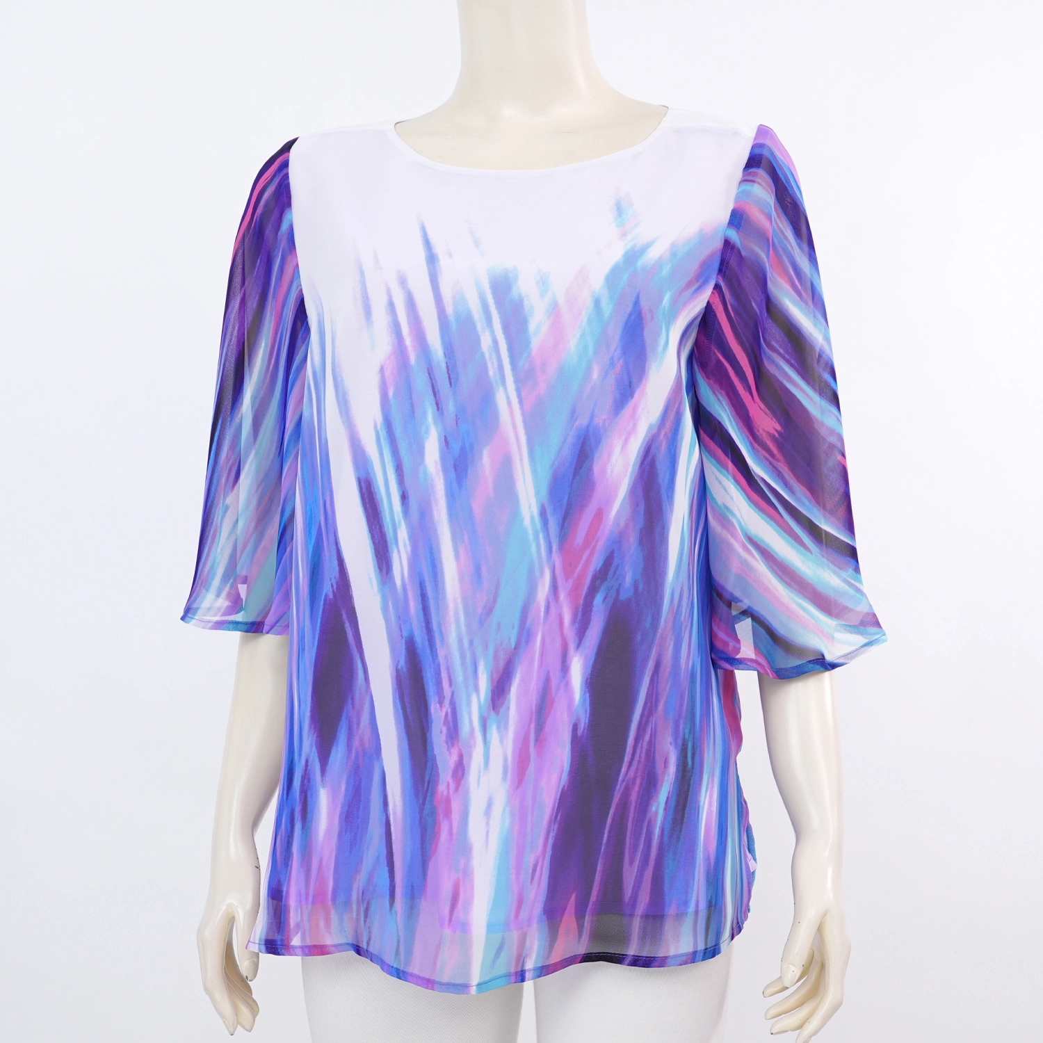 มิกิโกะ เสื้อเบลาส์คอปาด แขนทรงระบาย ยาว 3 ส่วน ผ้าชีฟองปริ้นท์
