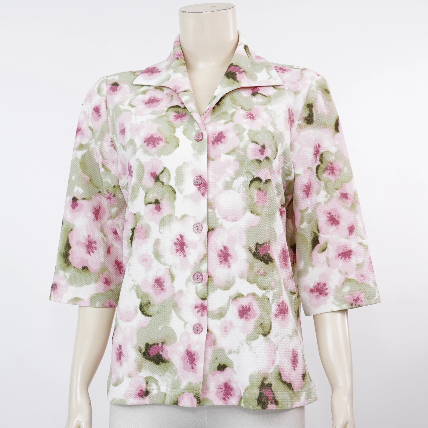 ชมพู เสื้อคอเชิ้ต แขน 3 ส่วน ผ้ายืดแฟนซี ลายดอกไม้