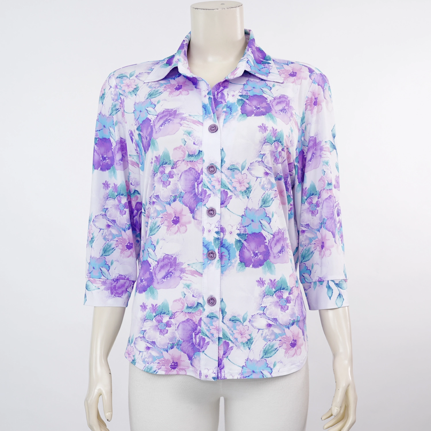 ชมพู เสื้อคอเชิ้ต แขน 3 ส่วน ผ้ายืดเวเนเซีย สีม่วง ลายดอกไม้