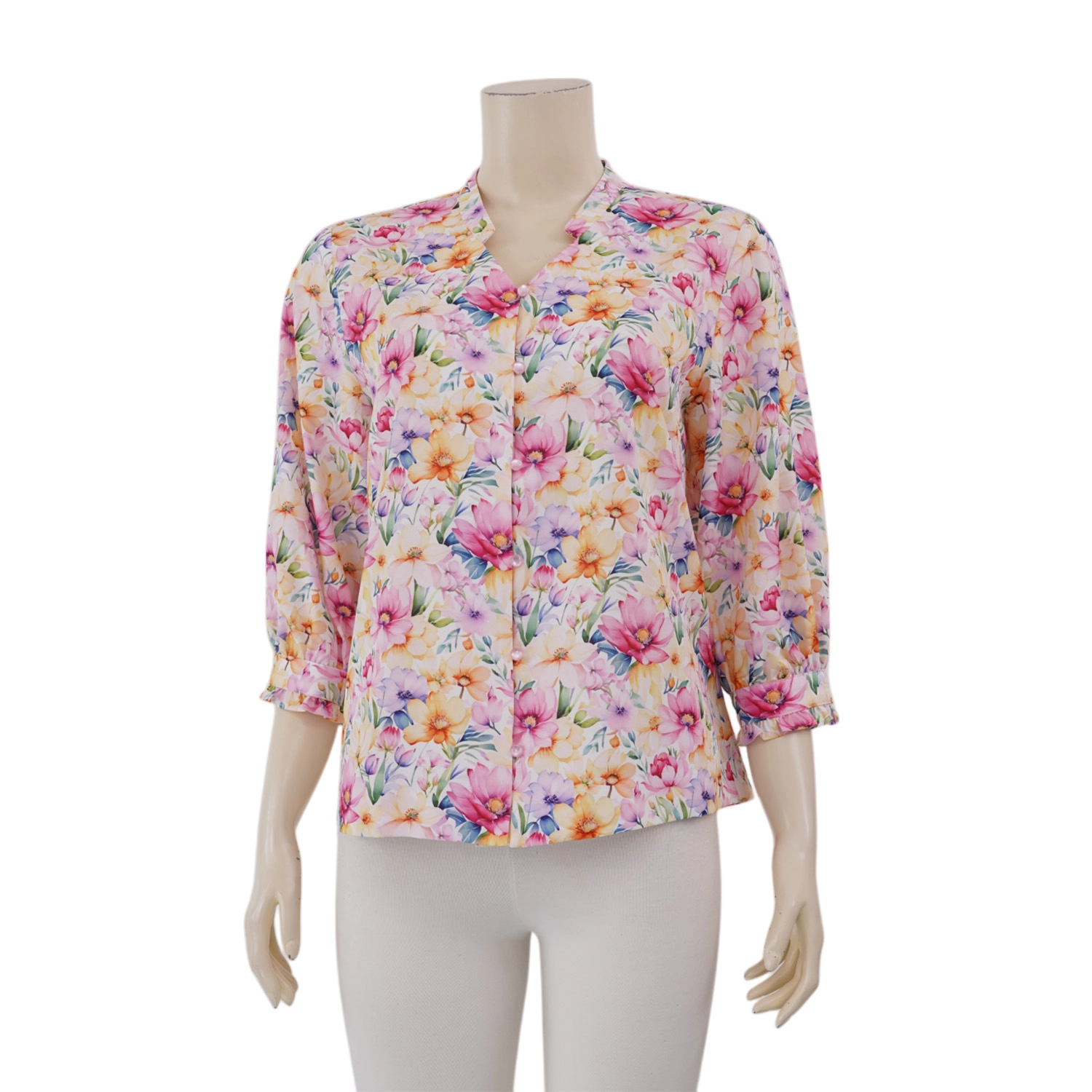 มินนะ เสื้อคอตั้งผ่าหน้าทรง V แขนยาว 5 ส่วน ลายดอกไม้