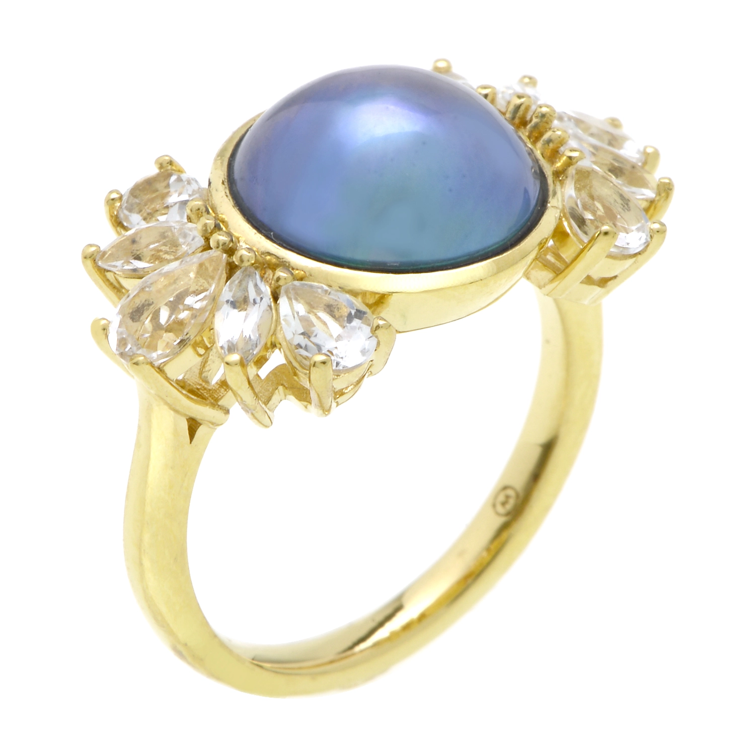 แหวนเงิน925 ชุบทอง18K ประดับมุกมาเบะย้อมสีเทา และโทแพซไร้สี - Image 2