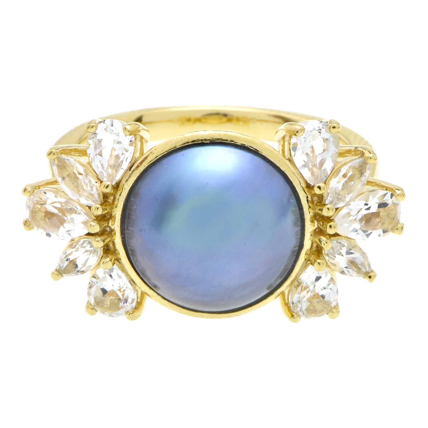 แหวนเงิน925 ชุบทอง18K ประดับมุกมาเบะย้อมสีเทา และโทแพซไร้สี - Image 3