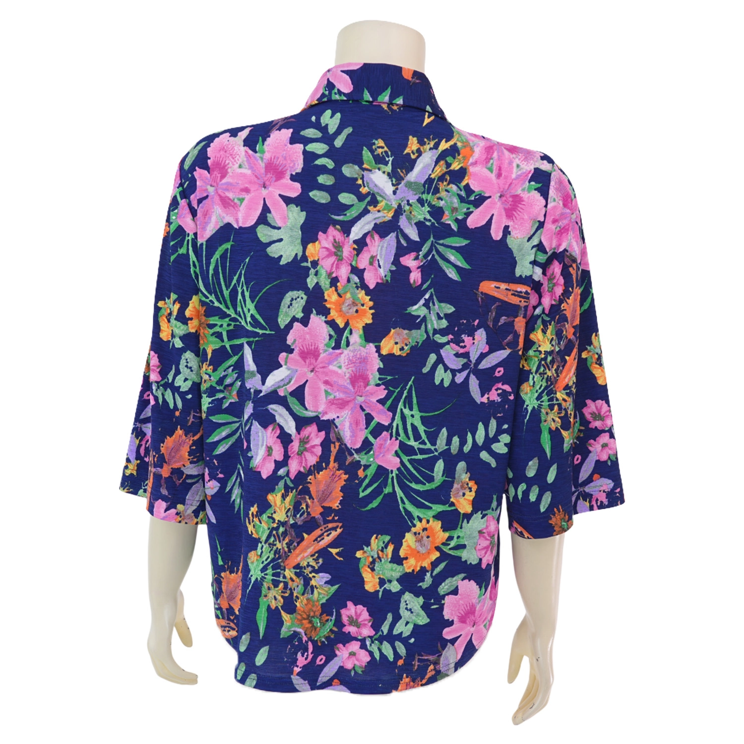 ชมพู เสื้อคอปก แขน 3 ส่วน ผ้ายืดเวเนเซีย ลายดอกไม้ - Image 3
