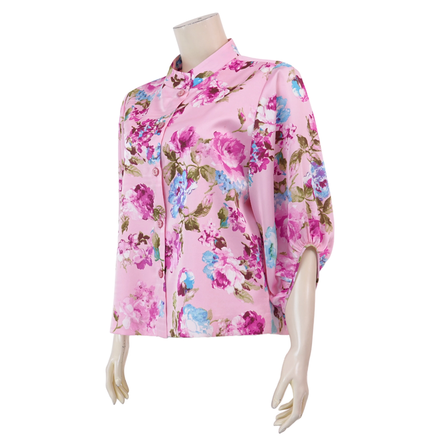 มิกิโกะ เสื้อคอตั้ง แขนบอลลูน ยาว 3 ส่วน ผ้าวินเทจ ลายดอกไม้ - Image 2