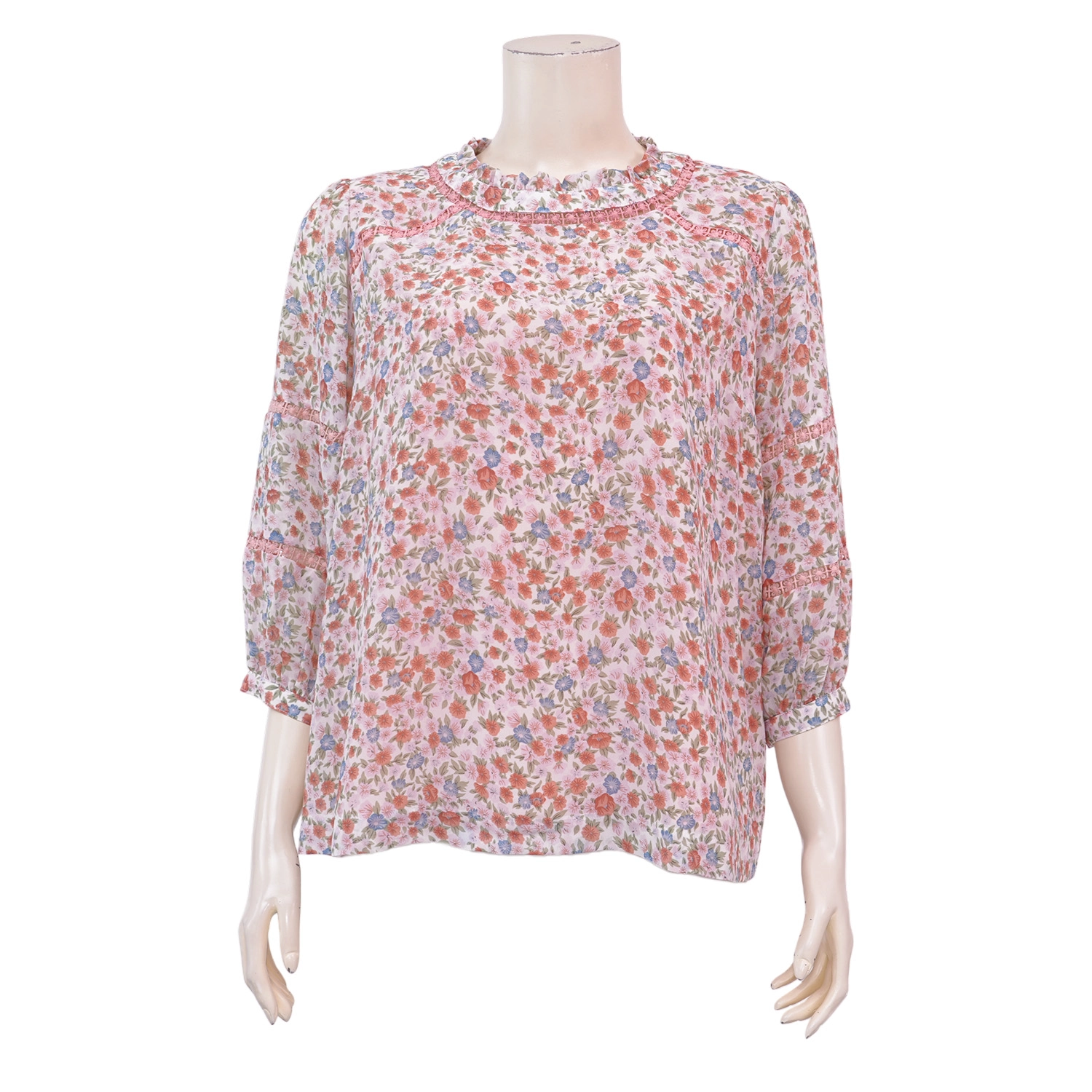 มินนะ เสื้อเบลาส์คอตั้ง แขนพองยาว 4 ส่วน ผ้าชีฟองพิมพ์ลายดอกไม้