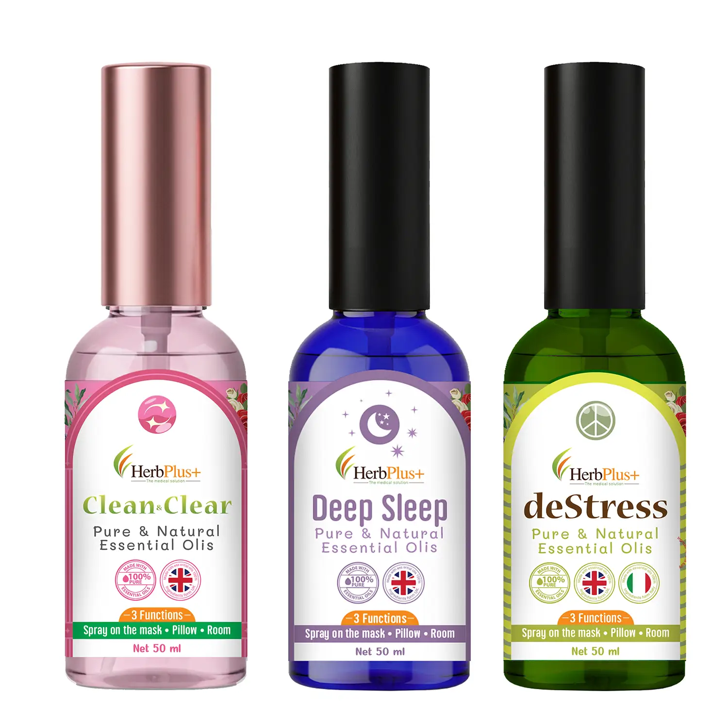 เฮิร์บ พลัส Deep Sleep Pure 50 มล., คลีน แอนด์ เคลียร์ 50 มล. และดี สเทรส 50 มล.