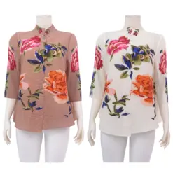 ควีนนาร์ บูติค เสื้อคอจีน แขนยาว 4 ส่วน ลายดอกไม้
