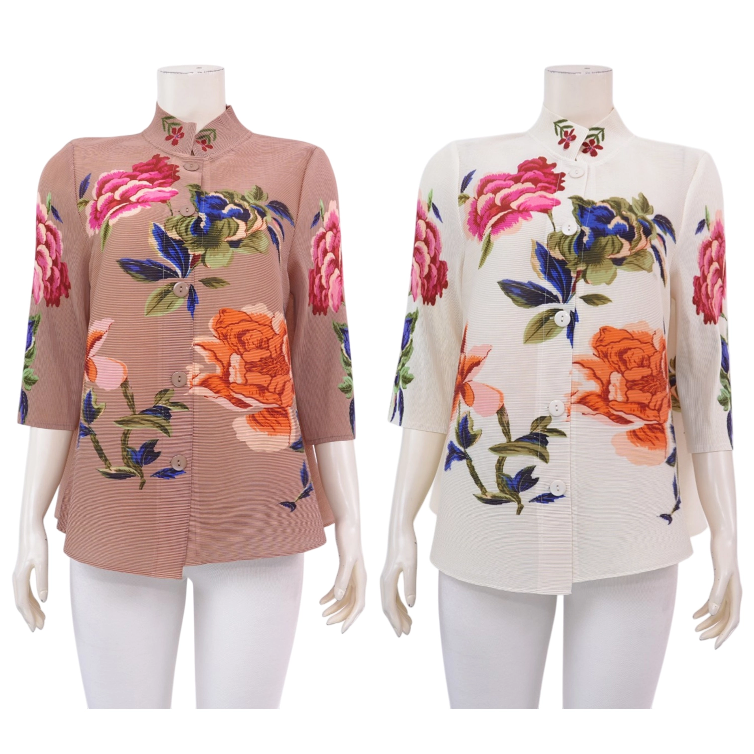 ควีนนาร์ บูติค เสื้อคอจีน แขนยาว 4 ส่วน ลายดอกไม้