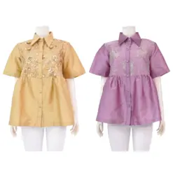 เธอ เธอ เสื้อคอปก แขนสั้น ประดับลูกไม้