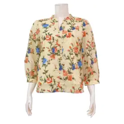 มินนะ เสื้อคอตั้ง ผ่าหน้าทรง V แขนพองยาว 4 ส่วน ผ้าปักฉลุและพิมพ์ลายดอกไม้
