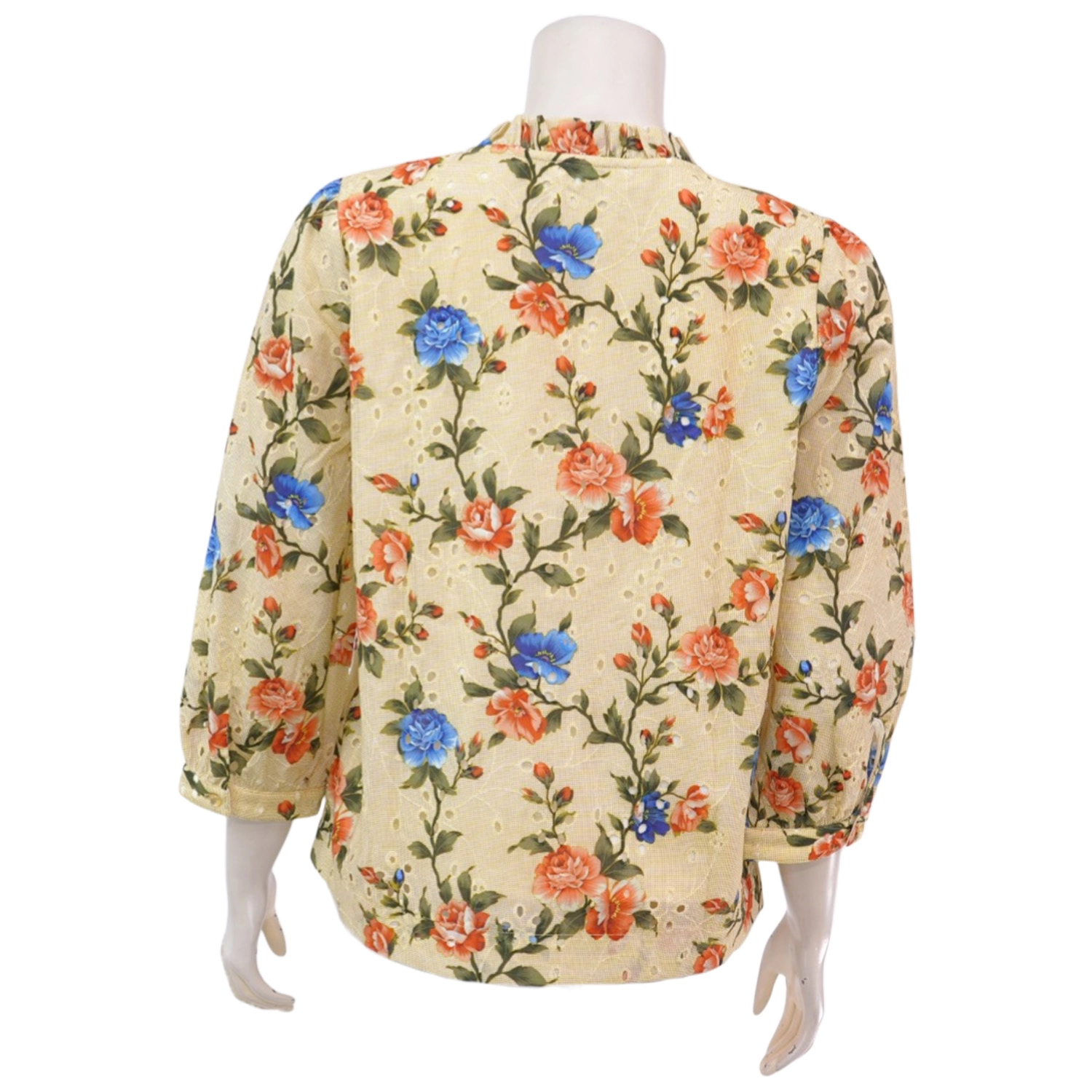 มินนะ เสื้อคอตั้ง ผ่าหน้าทรง V แขนพองยาว 4 ส่วน ผ้าปักฉลุและพิมพ์ลายดอกไม้ - Image 3