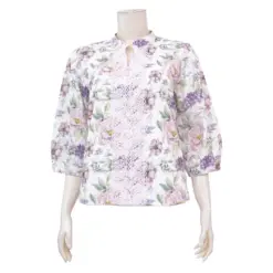 มินนะ เสื้อคอตั้ง ผ่าหน้าทรง V แขนพองยาว 4 ส่วน พิมพ์ลายดอกไม้