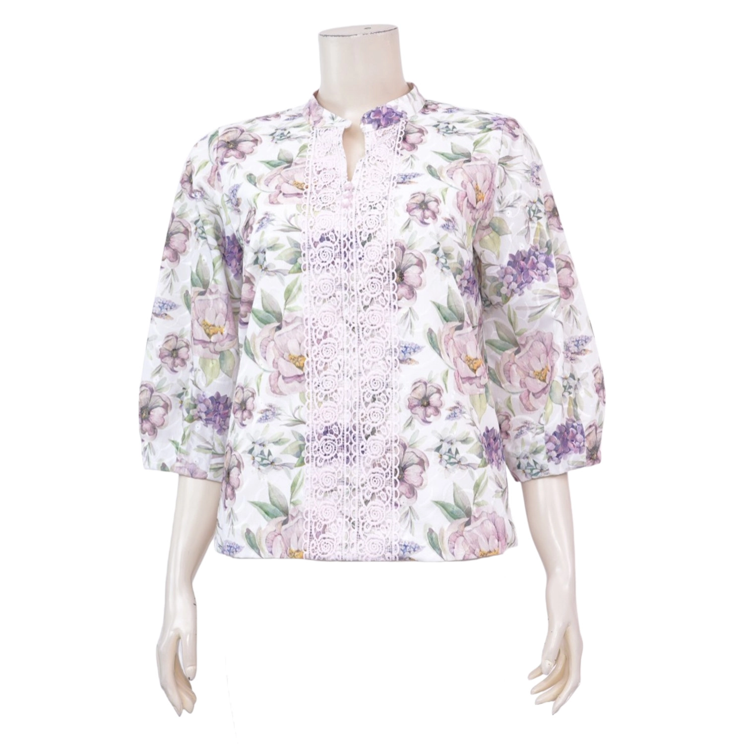 มินนะ เสื้อคอตั้ง ผ่าหน้าทรง V แขนพองยาว 4 ส่วน พิมพ์ลายดอกไม้