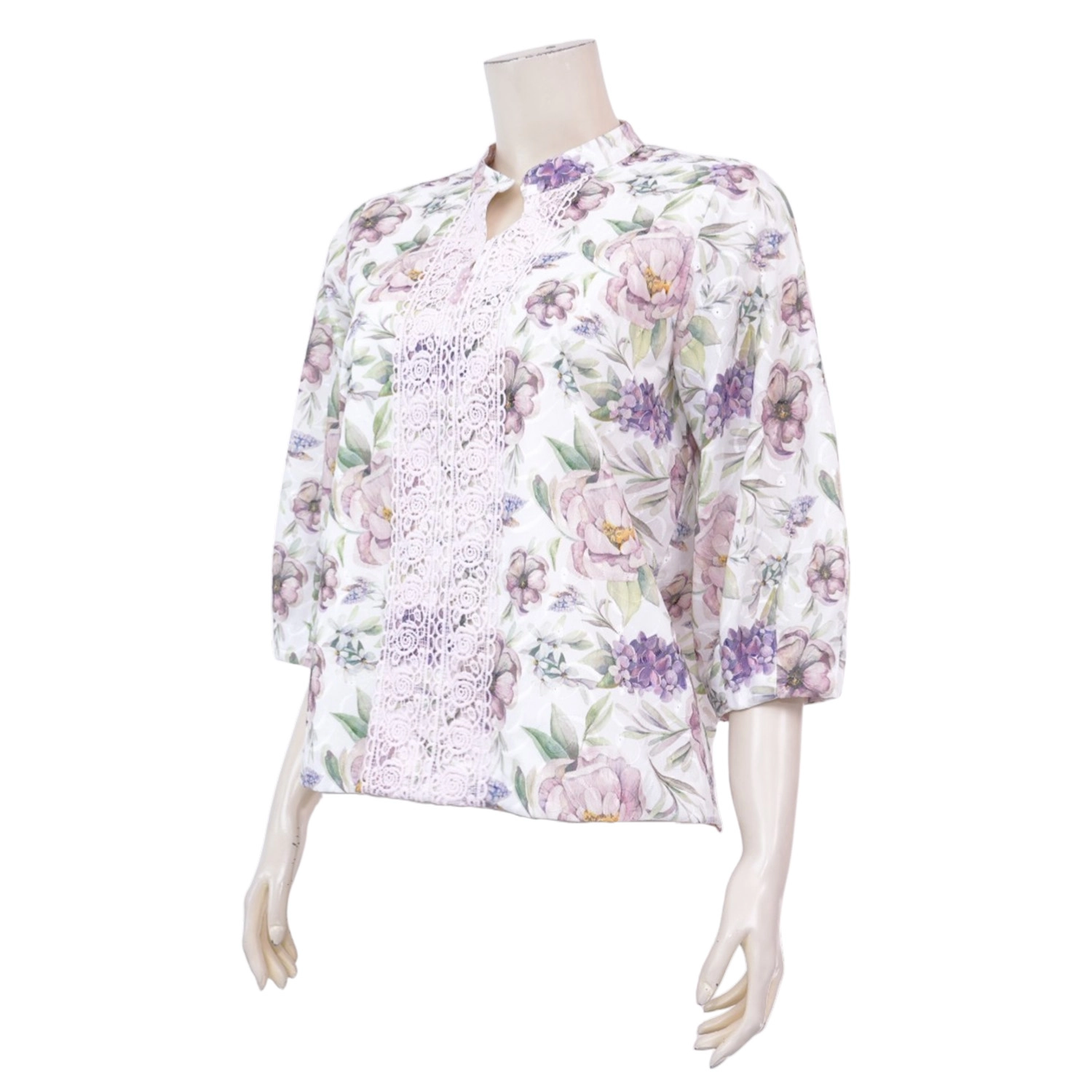 มินนะ เสื้อคอตั้ง ผ่าหน้าทรง V แขนพองยาว 4 ส่วน พิมพ์ลายดอกไม้ - Image 2