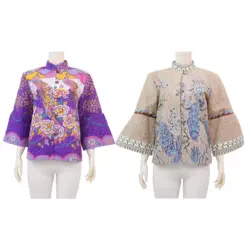 เซ้าท์ แฟบริค เสื้อคอจีน แขนสี่ส่วน ผ่าหน้า ผ้าปาเต๊ะ  ลายนกยูงและดอกไม้