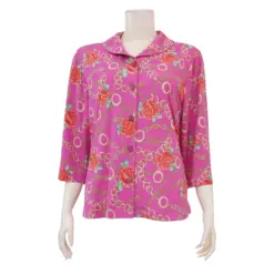 ชมพู เสื้อคอปกกล้วย แขน 4 ส่วน ผ้ายืดเวเนเซีย ลายกุหลาบและโซ่