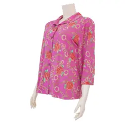 ชมพู เสื้อคอปกกล้วย แขน 4 ส่วน ผ้ายืดเวเนเซีย ลายกุหลาบและโซ่ - Image 2