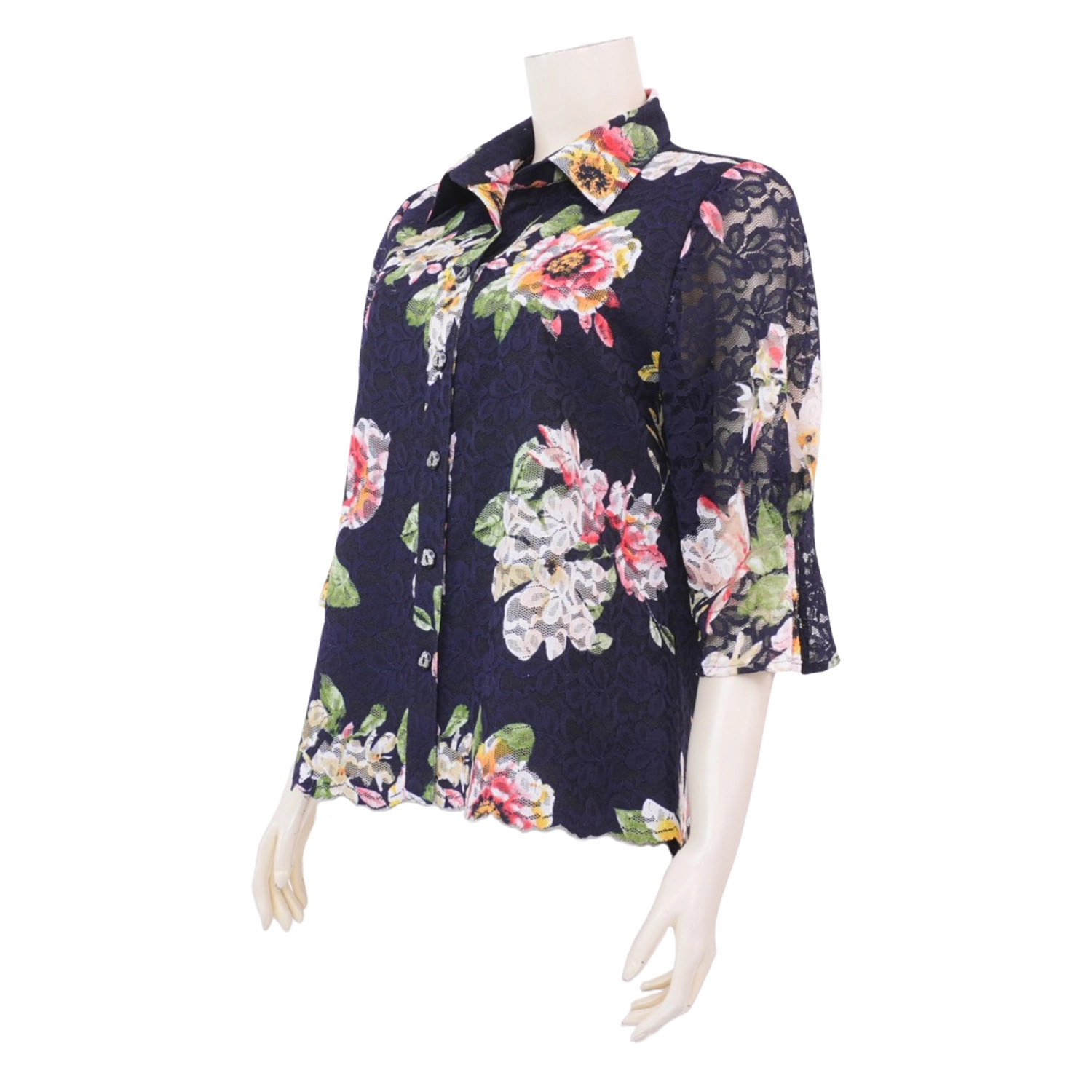 อาลิย่า เสื้อคอปก แขนยาว 3 ส่วน ผ้าลูกไม้ราเชล ลายดอกไม้ - Image 2