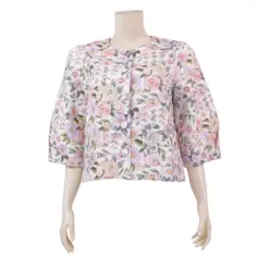มินนะ เสื้อคอกลม แขนพองยาว 4 ส่วน ผ้าแมตต์ซาติน พิมพ์ลายดอกไม้